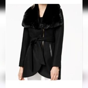 French Caonnection Black Faux Fur Collar Coat Size XS